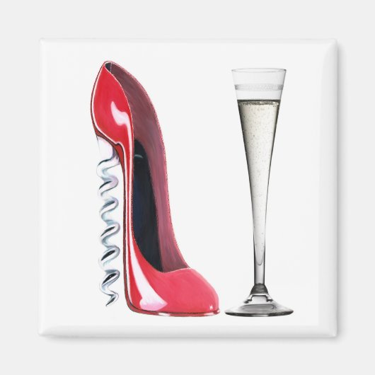 シャンパンフルートガラスとコルク抜きスチレット靴 マグネット (正面)