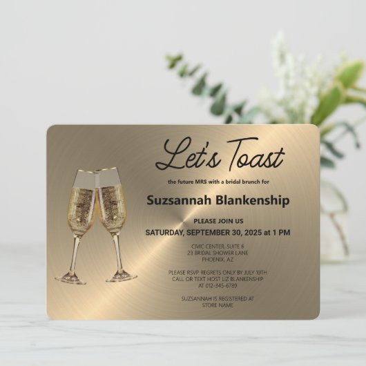 シャンパンフルートトーストフェイクオンメタリック 招待状 (スタンド正面)