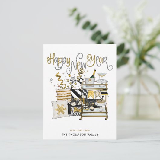 シャンパンブラック金ゴールドグリッター文字ハッピーニューイヤー シーズンポストカード (スタンド正面)