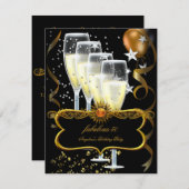 シャンパンブラック金ゴールドバルーン誕生日パーティー 招待状 (正面/裏面)