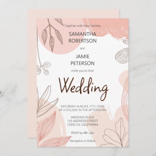 シャンパンブラッシュピンク - 手描きフラワーの結婚式 招待状 (正面/裏面)