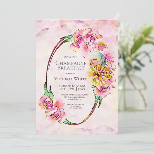 シャンパンブレックファーストピンクフローラウォーターカラー 招待状 (スタンド正面)