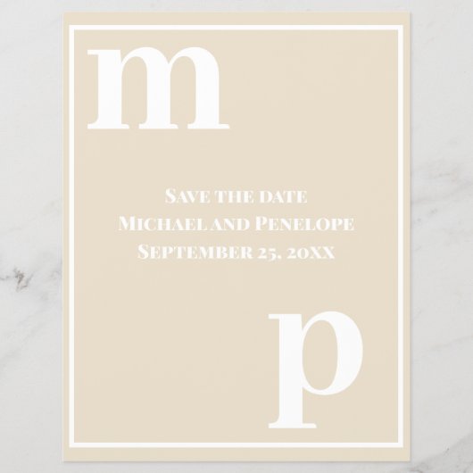 シャンパンベージュのモノグラムが可愛い節約Save the Date チラシ (正面)