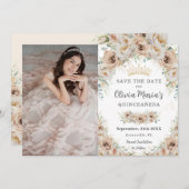 シャンパンベージュクリームゴールドフラワーのキンセアニエラ セーブザデート (正面/裏面)