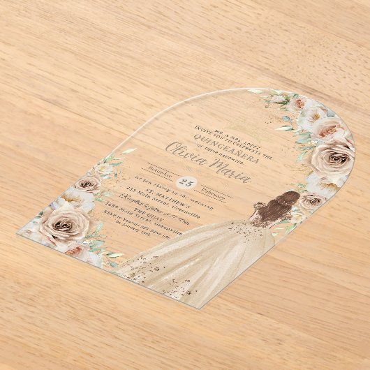 シャンパンベージュクリームフローラプリンセスキンセアニラ アクリル招待状 (レイダウン)