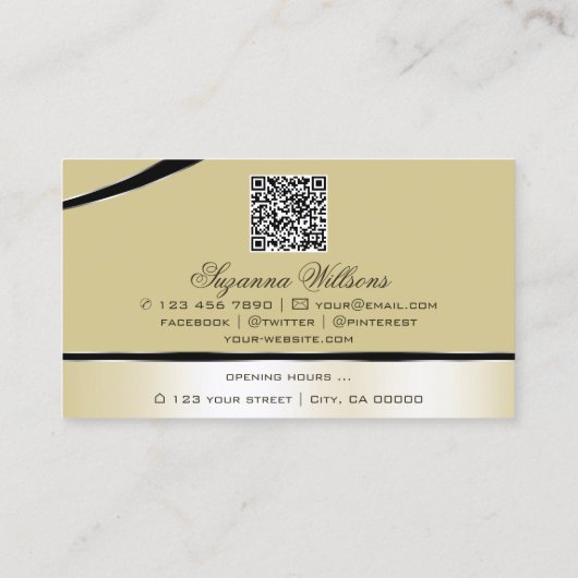 シャンパンベージュ曲線モノグラムとQRコード 名刺 (裏面)