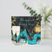 シャンパンホリデーパーティーティール(緑がかった色)ブルーハイヒール 招待状 (スタンド正面)
