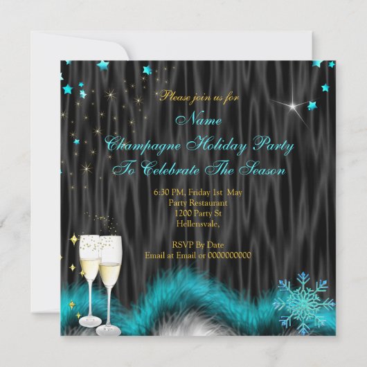 シャンパンホリデーパーティーティール(緑がかった色)ブルーハイヒール 招待状 (裏面)