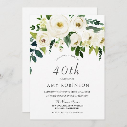 シャンパンホワイトエレガントフローラ40歳パーティー 招待状 (正面/裏面)