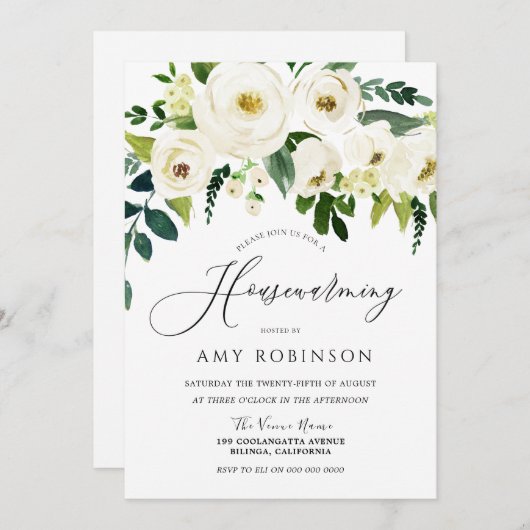 シャンパンホワイトフラワーズエレガント引っ越し祝いパーティーパーティー 招待状 (正面/裏面)