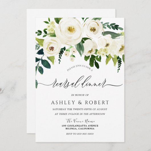 シャンパンホワイトフラワーリハエレガントーサルディナー 招待状 (正面/裏面)