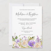 シャンパンホワイトローズパープルフローラエレガントウェディング 招待状 (正面)