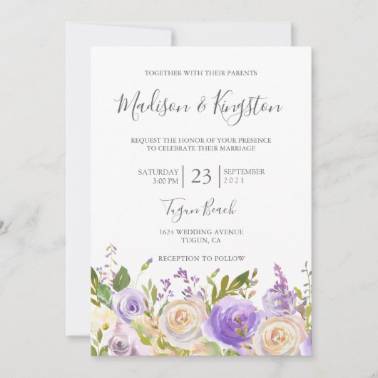 シャンパンホワイトローズパープルフローラエレガントウェディング 招待状 (正面)