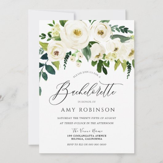 シャンパンホワイト花エレガントバチェロレッテ 招待状 (正面)