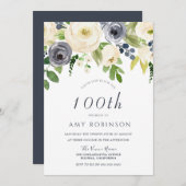 シャンパンホワイト&ネイビーフローラ100thバースデーパーティー 招待状 (正面/裏面)