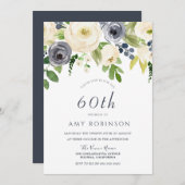 シャンパンホワイト&ネイビーフローラ60thバースデーパーティー 招待状 (正面/裏面)