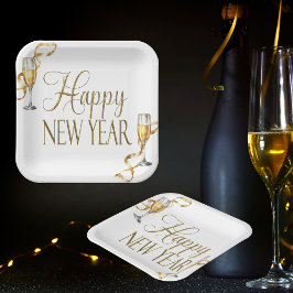 シャンパンホワイト&金ゴールドニューイヤーズイブパーティー ペーパープレート