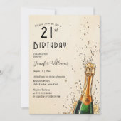 シャンパンボトルと21歳の誕生日パーティー 招待状 (正面)