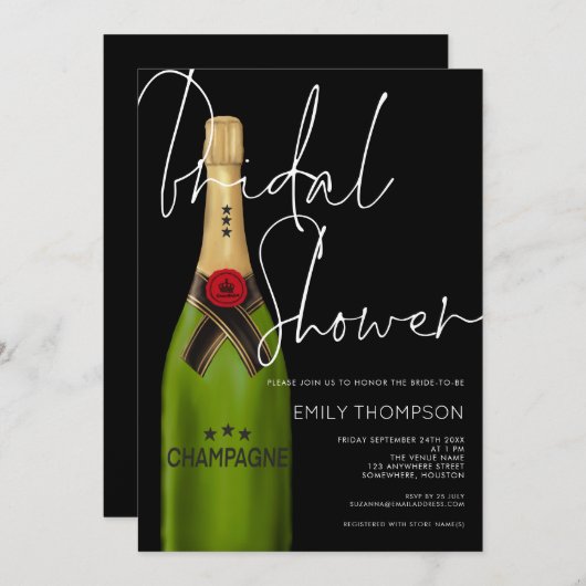 シャンパンボトルホワイトスクリプトブラックブライダルシャワー 招待状 (正面/裏面)