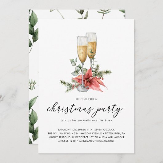 シャンパンポインセチアとグリーンリークリスマスパーティー 招待状 (正面/裏面)