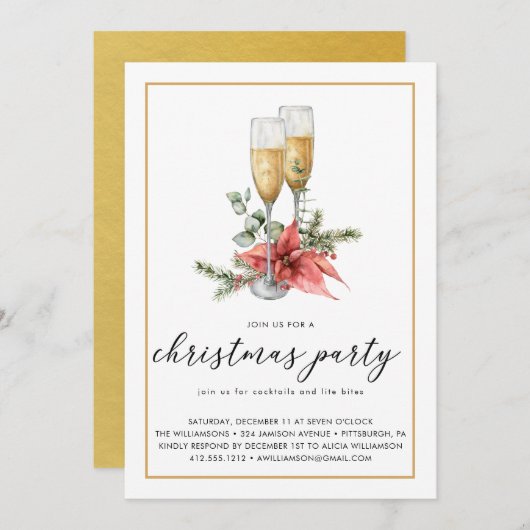 シャンパンポインセチアとグリーンリークリスマスパーティー 招待状 (正面/裏面)