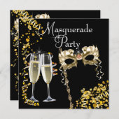 シャンパンマスクブラック金ゴールドマスカレードパーティー 招待状 (正面/裏面)