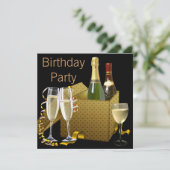 シャンパンワイングラスブラック金ゴールド誕生日パーティー 招待状 (スタンド正面)