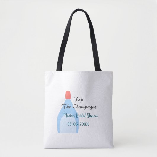 シャンパン弾ける ブルー ブライダルシャワー 名前 日付を追加 トートバッグ (正面)