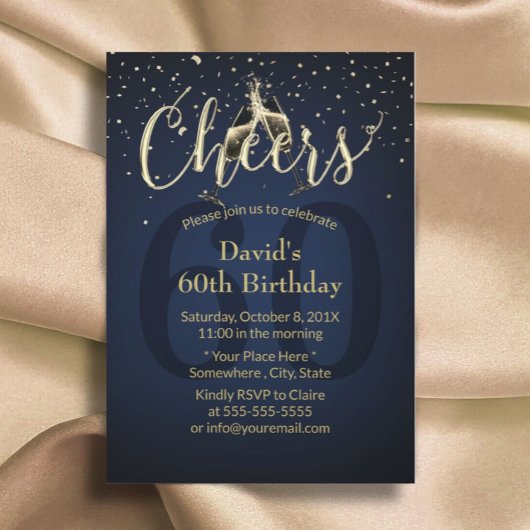 シャンパン応援ネイビーブルー60thバースデーパーティー 招待状