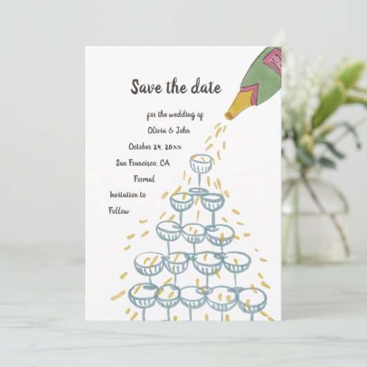 シャンパン水の色お洒落日付を保存 招待状 (スタンド正面)