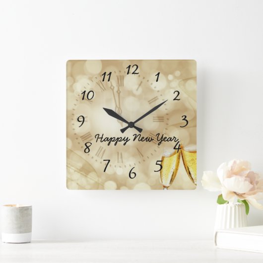 シャンパン眼鏡の大みそか スクエア壁時計 (ホーム)