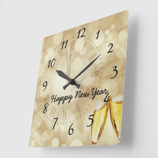 シャンパン眼鏡の大みそか スクエア壁時計 (傾斜)