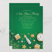 シャンパン紙吹雪金ゴールドグリーンニューイヤーパーティー 招待状 (正面/裏面)