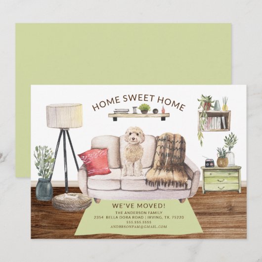 シャンパン色の コッカプー 犬 引っ越しのお知らせ 招待状 (正面/裏面)