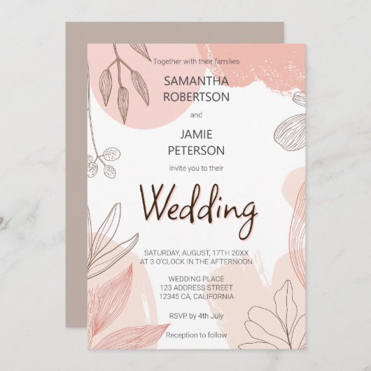 シャンパン赤面ピンク – 手書きフローラ結婚ズ 招待状 (正面/裏面)