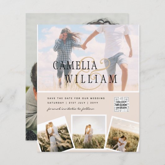 シャンパン赤面フォト結婚式招待状QRコード (正面/裏面)