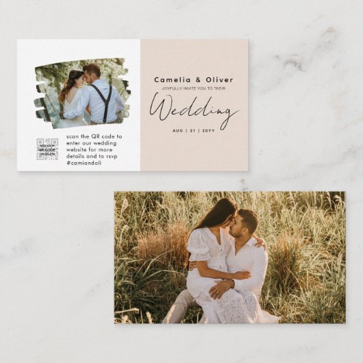 シャンパン赤面フォト結婚式招待状QRコード エンクロージャーカード (正面/裏面)