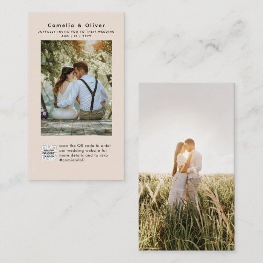 シャンパン赤面フォト結婚式招待状QRコード エンクロージャーカード (正面/裏面)