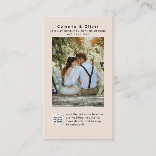 シャンパン赤面フォト結婚式招待状QRコード エンクロージャーカード (正面)