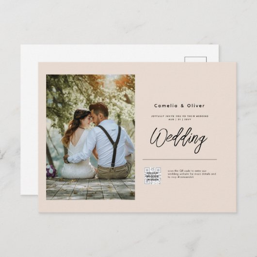 シャンパン赤面フォト結婚式招待状QRコード ポストカード (正面/裏面)
