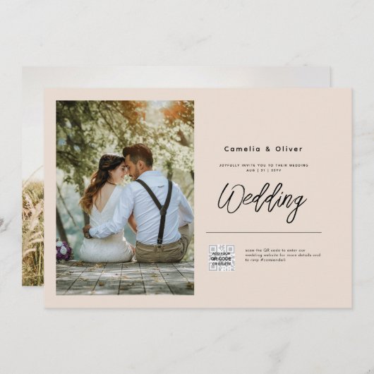 シャンパン赤面フォト結婚式招待状QRコード 招待状 (正面/裏面)