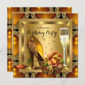 シャンパン金ゴールドアンバーヒールエレガントバースデーパーティー 招待状 (正面/裏面)