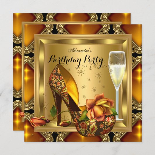 シャンパン金ゴールドアンバーヒールエレガントバースデーパーティー 招待状 (正面/裏面)