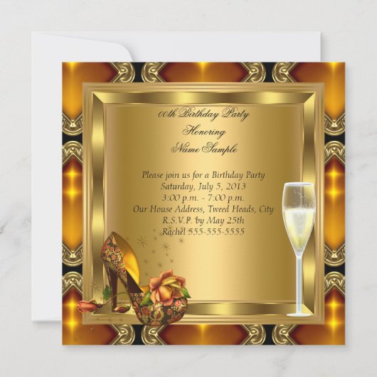 シャンパン金ゴールドアンバーヒールエレガントバースデーパーティー 招待状 (裏面)