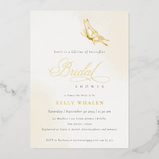シャンパン金ゴールドウォーターカラーバタフライブライダルシャワー 箔招待状 (正面)