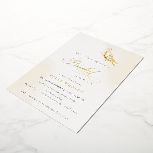 シャンパン金ゴールドウォーターカラーバタフライブライダルシャワー 箔招待状 (回転した状態)