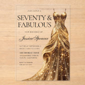 シャンパン金ゴールドガウン70と素晴らしい70誕生日 アクリル招待状 (正面)