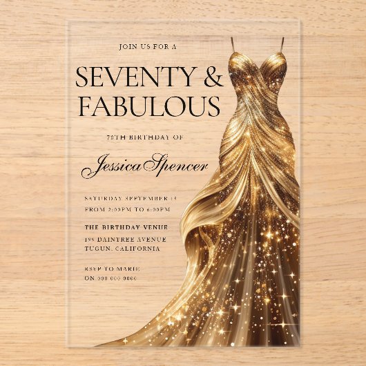 シャンパン金ゴールドガウン70と素晴らしい70誕生日 アクリル招待状 (正面)