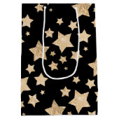 シャンパン金ゴールドグリッタースパークルスターパターンブラック ミディアムペーパーバッグ (裏面)