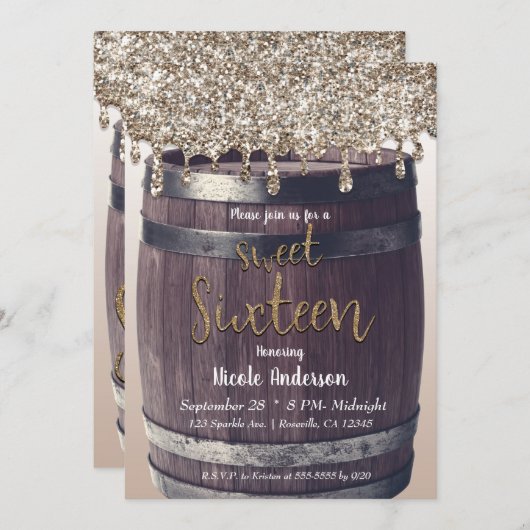 シャンパン金ゴールドグリッタードリップ素朴スウィート16パーティー 招待状 (正面/裏面)
